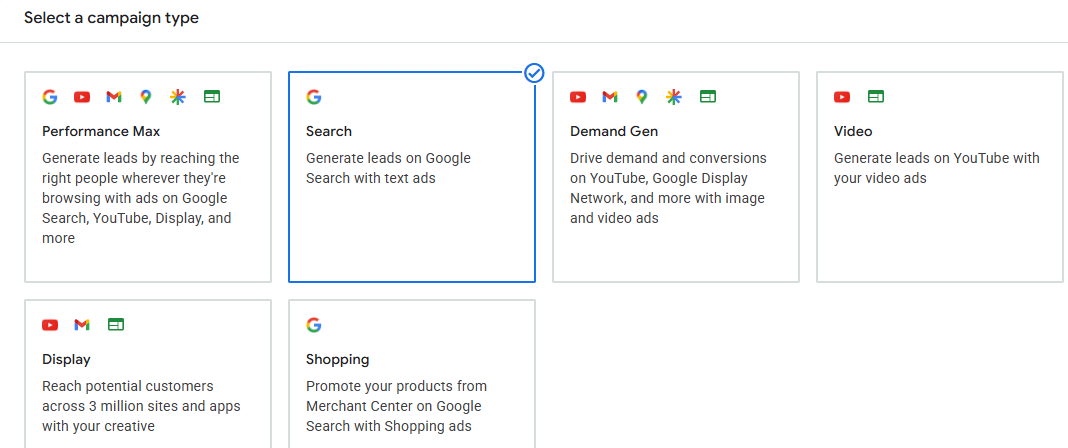 Google Ads Campaign Strategy — Campaign type selection (Search)