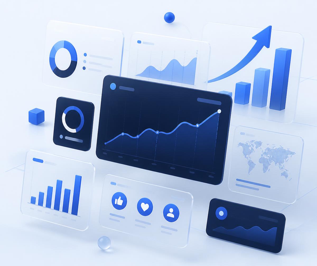 Abstract digital marketing dashboard with SEO charts, ad metrics and growth arrows